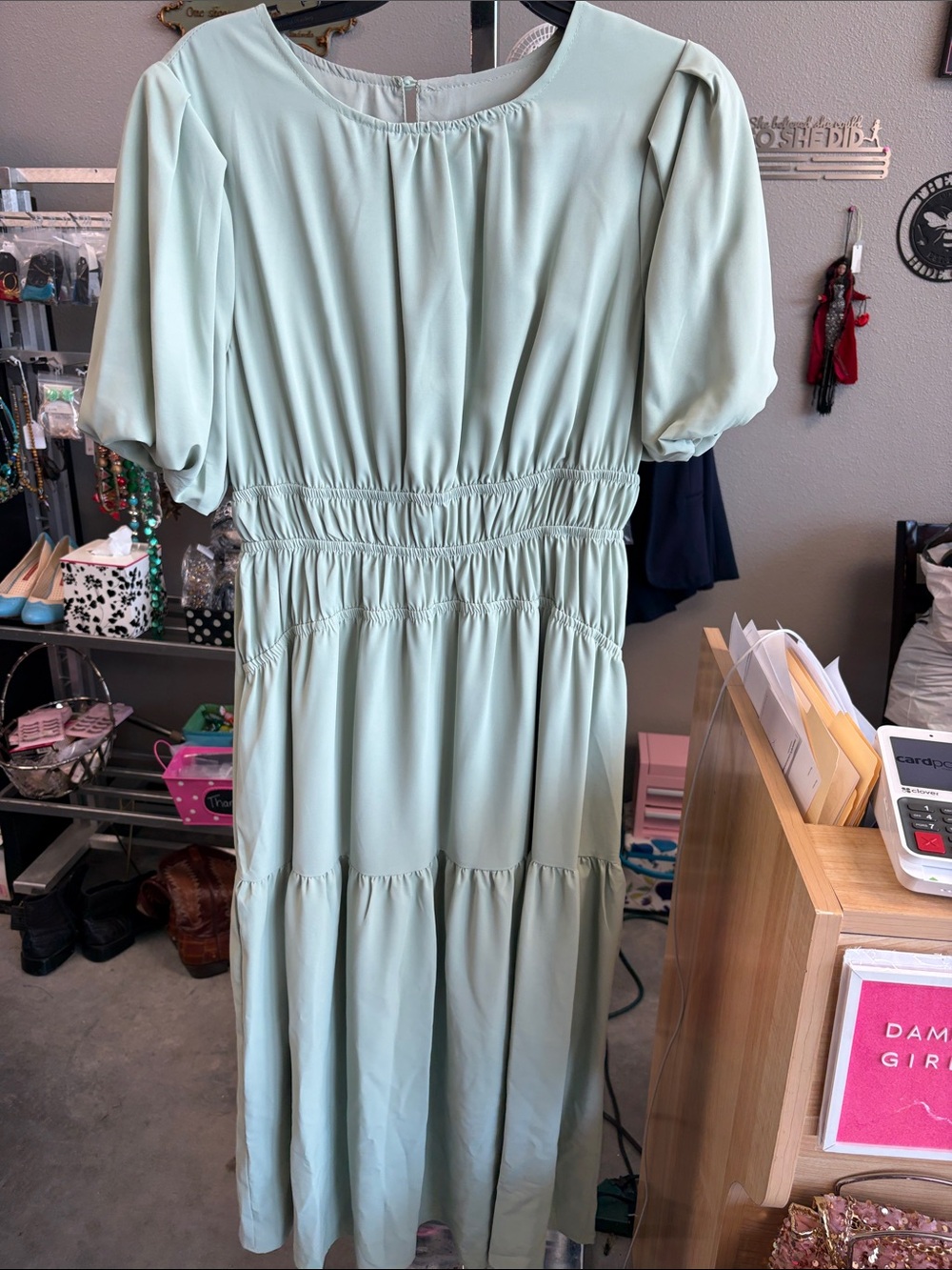 Women's Puff Sleeve Smocked Waist Midi Dress - Sage Green DB5QWY